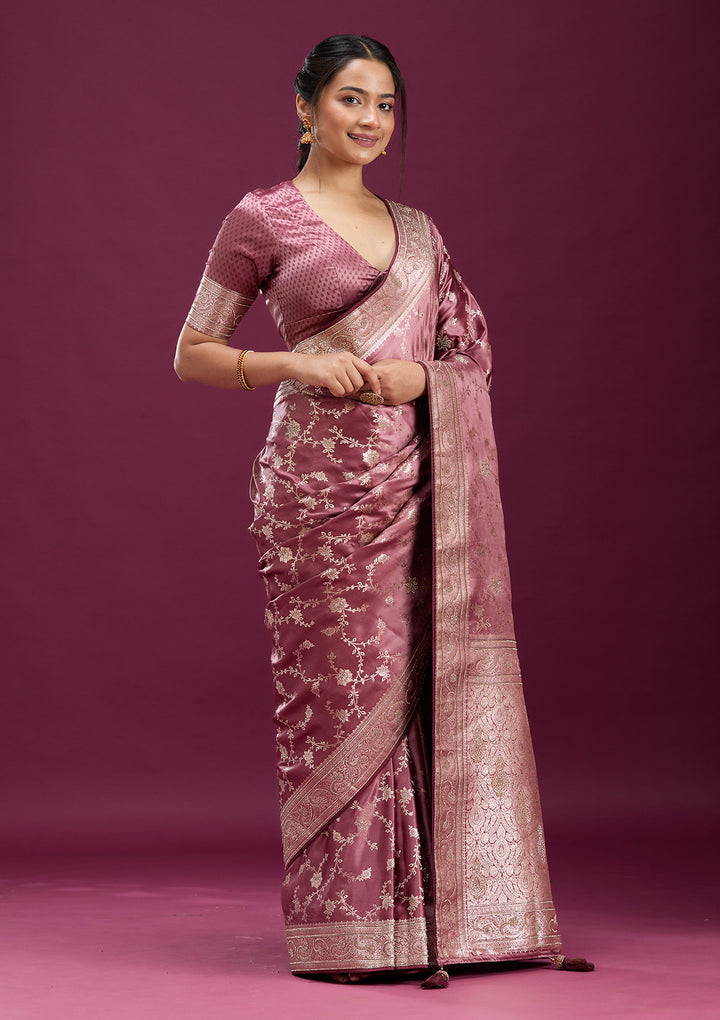 Onion Pink Silk Jaal Stonework Saree With Matching Blouse Piece