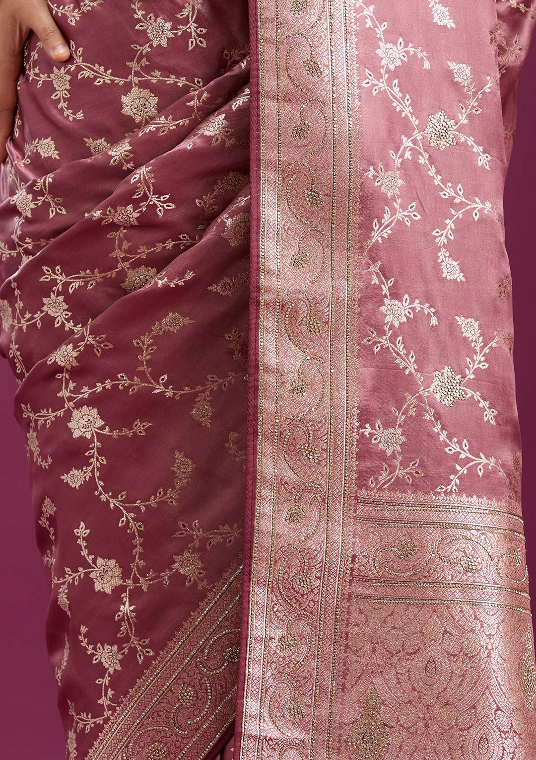 Onion Pink Silk Jaal Stonework Saree With Matching Blouse Piece