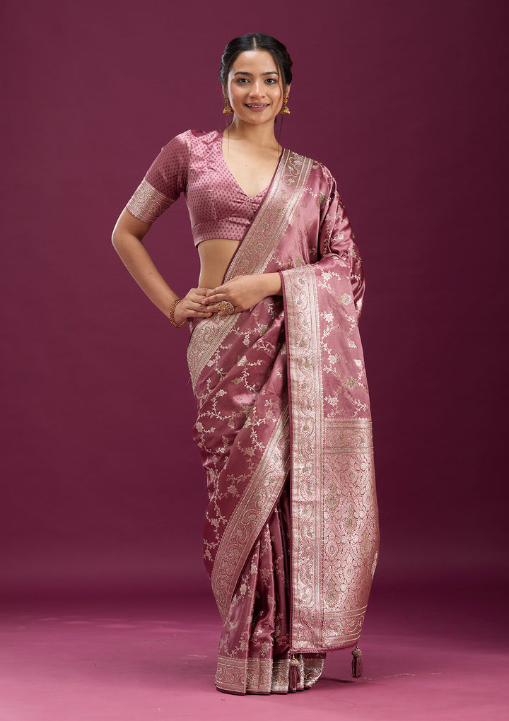 Onion Pink Silk Jaal Stonework Saree With Matching Blouse Piece