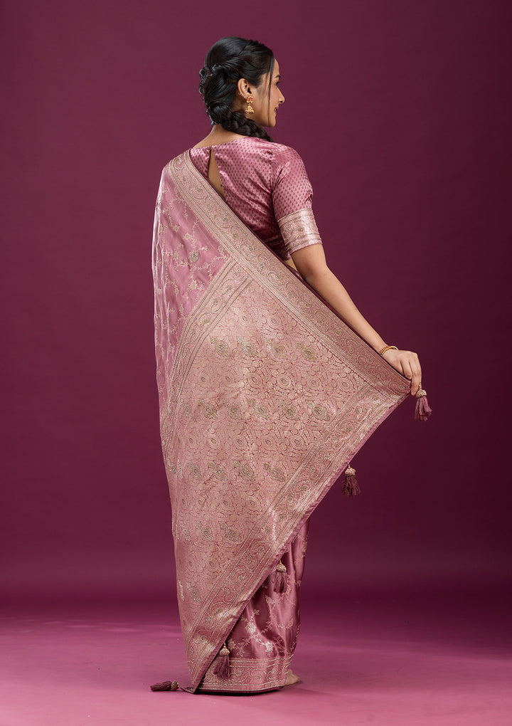 Onion Pink Silk Jaal Stonework Saree With Matching Blouse Piece
