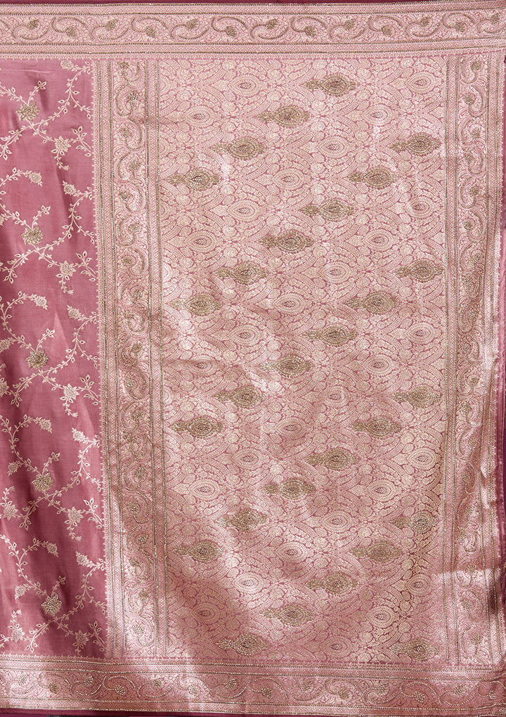 Onion Pink Silk Jaal Stonework Saree With Matching Blouse Piece