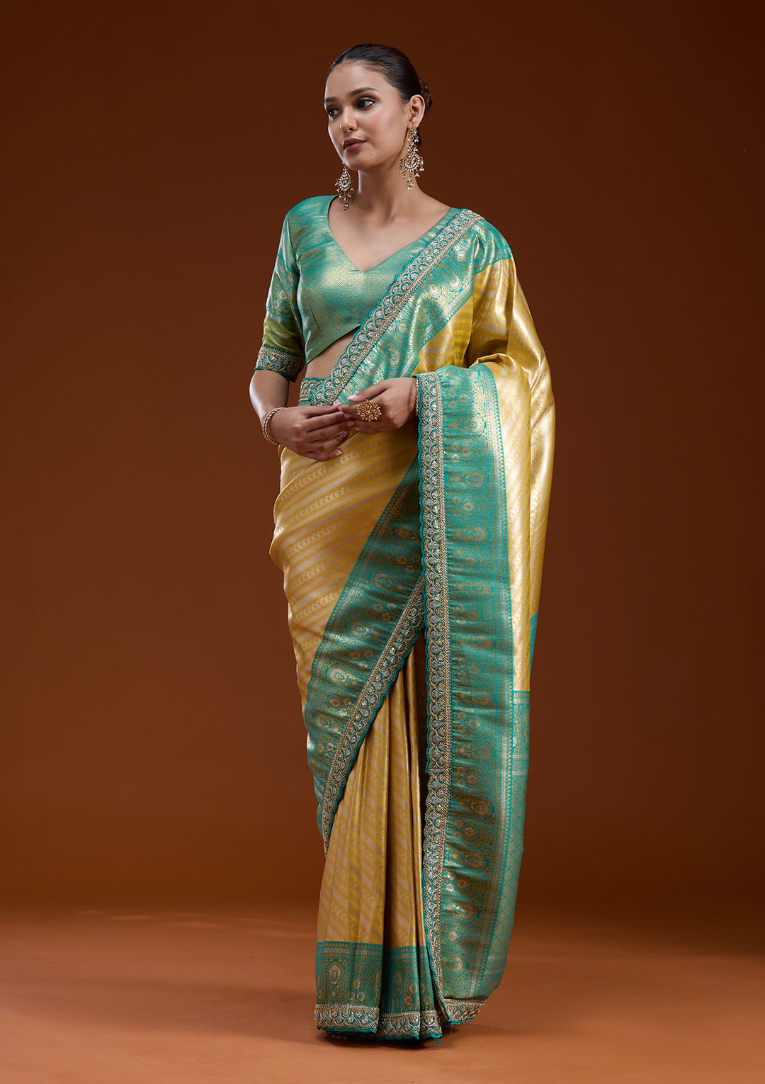Yellow Silk Jaal Sequins Saree With Matching Blouse Piece