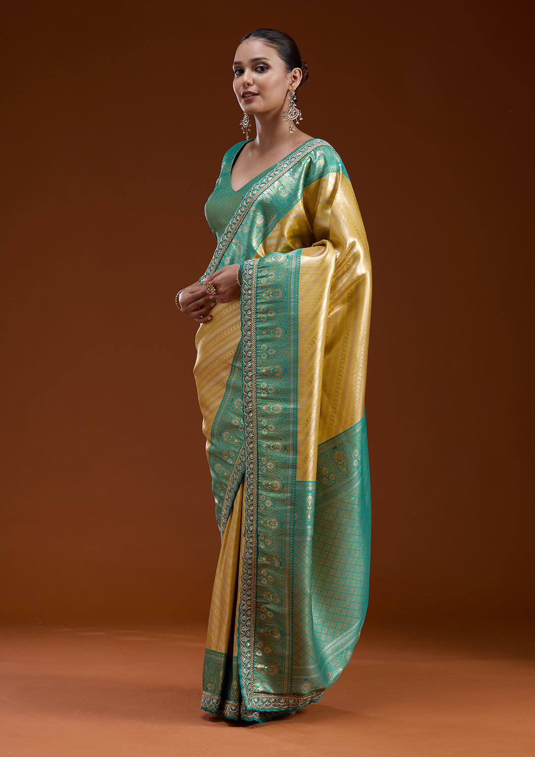 Yellow Silk Jaal Sequins Saree With Matching Blouse Piece