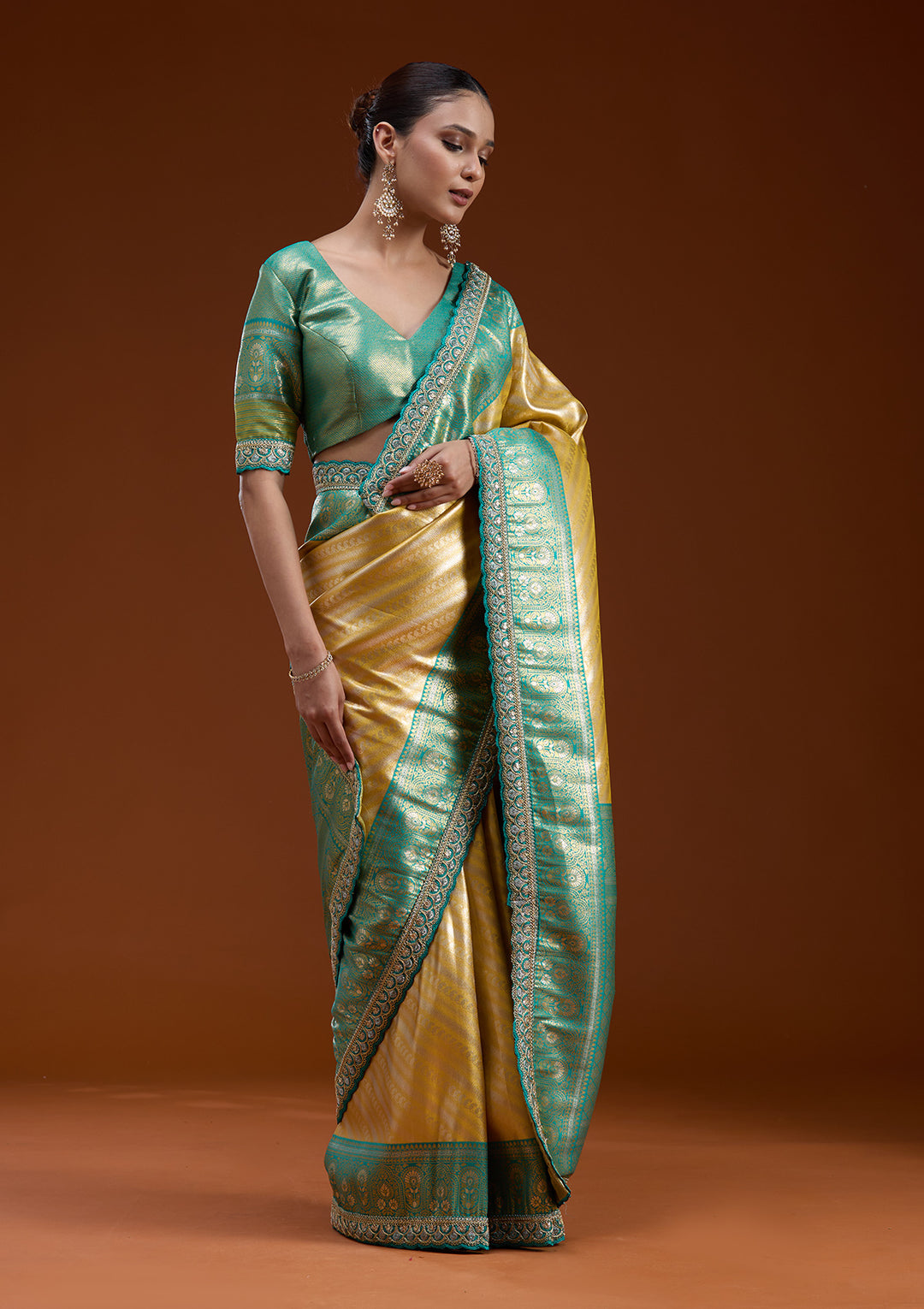 Yellow Silk Jaal Sequins Saree With Matching Blouse Piece