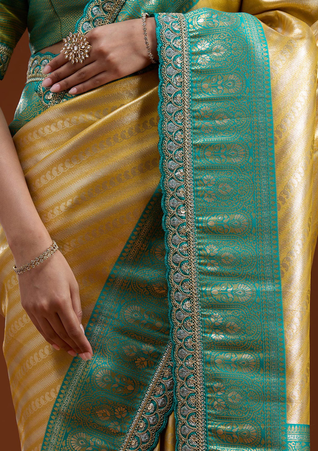 Yellow Silk Jaal Sequins Saree With Matching Blouse Piece