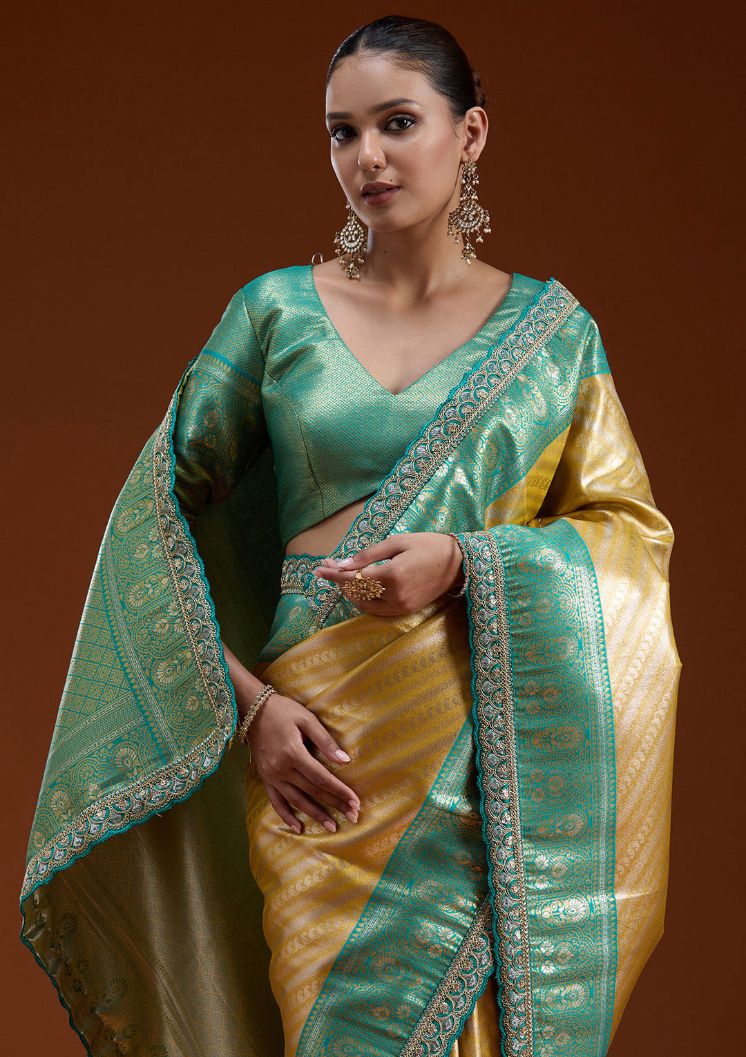 Yellow Silk Jaal Sequins Saree With Matching Blouse Piece