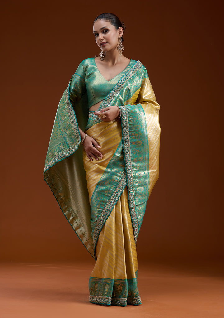 Yellow Silk Jaal Sequins Saree With Matching Blouse Piece
