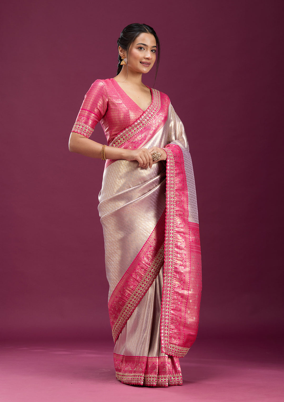 Light Lavender Silk Jaal Sequins Saree With Matching Blouse Piece