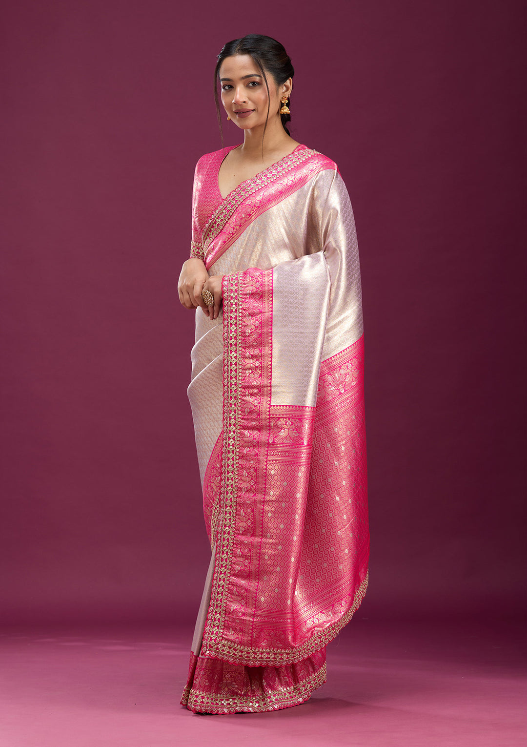 Light Lavender Silk Jaal Sequins Saree With Matching Blouse Piece