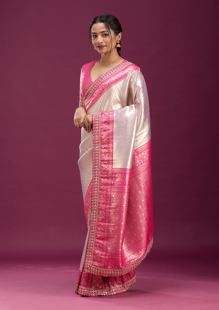 Light Lavender Silk Jaal Sequins Saree With Matching Blouse Piece