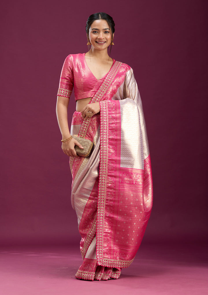 Light Lavender Silk Jaal Sequins Saree With Matching Blouse Piece