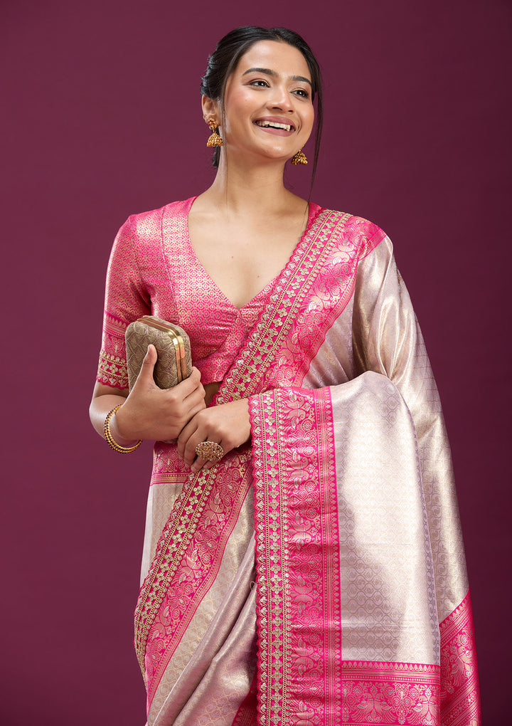 Light Lavender Silk Jaal Sequins Saree With Matching Blouse Piece