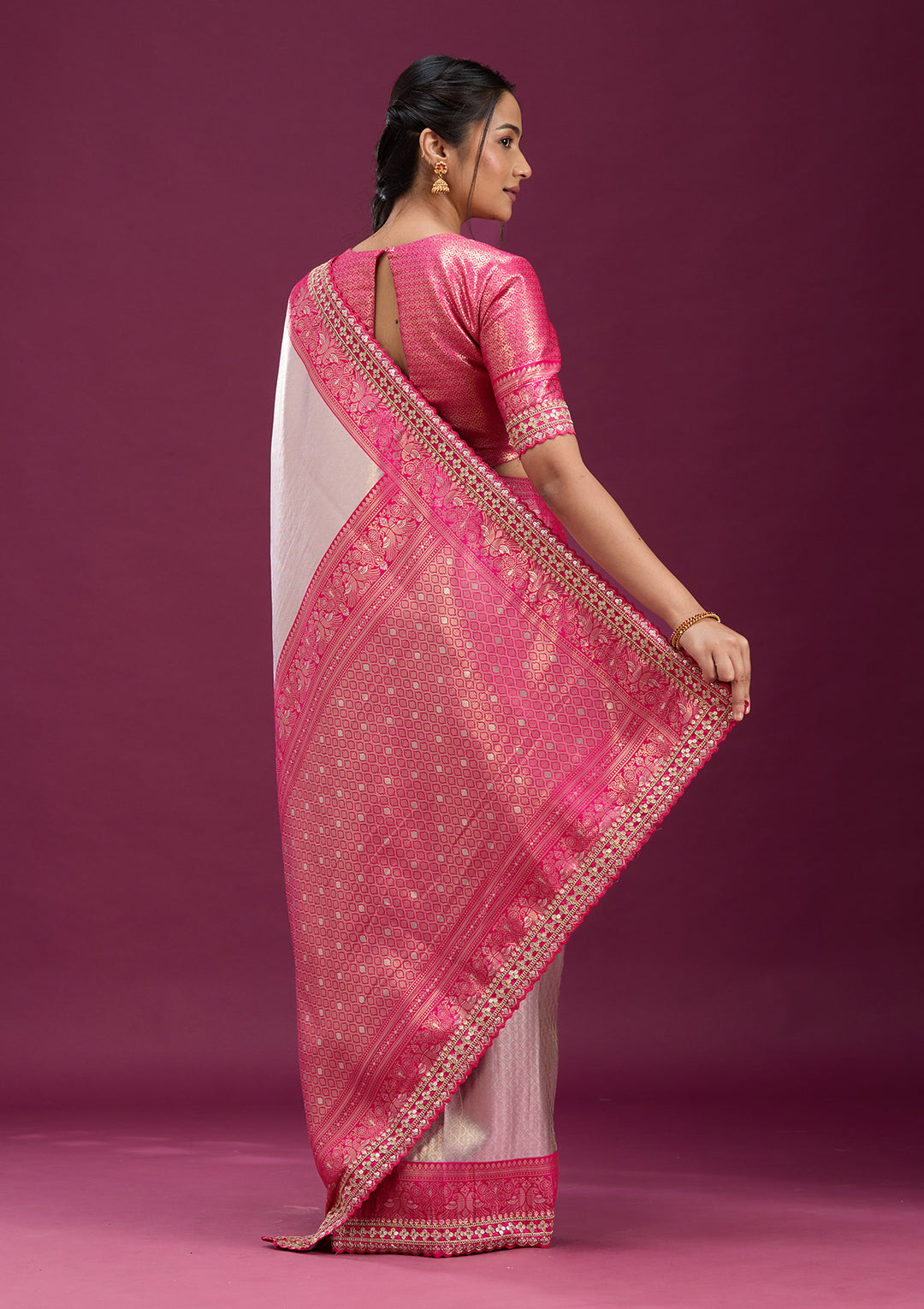 Light Lavender Silk Jaal Sequins Saree With Matching Blouse Piece