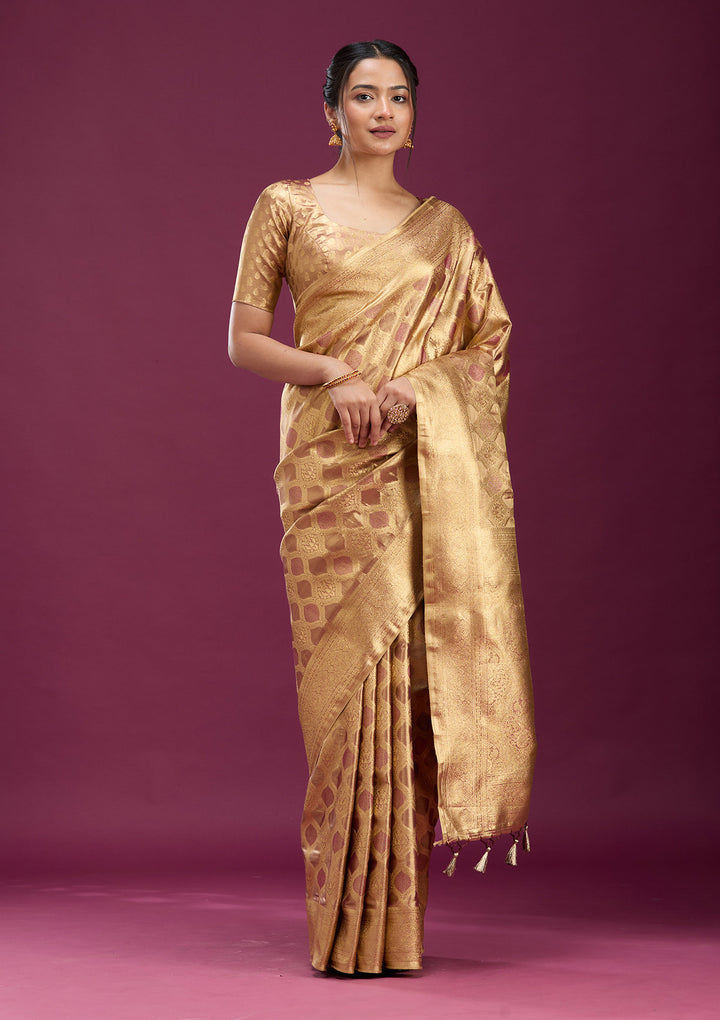 Beige Silk Jaal Gold Zariwork Saree With Matching Blouse Piece