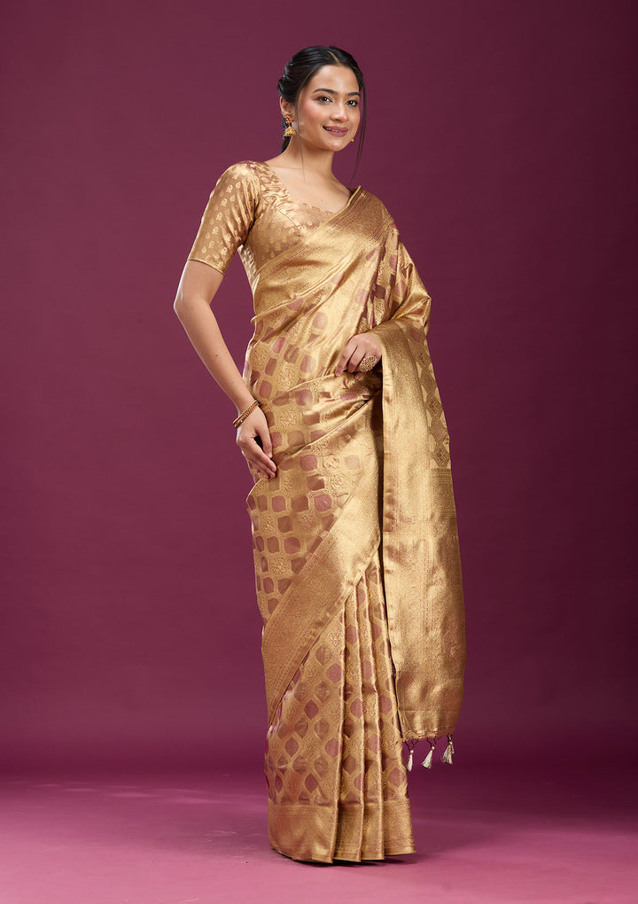 Beige Silk Jaal Gold Zariwork Saree With Matching Blouse Piece
