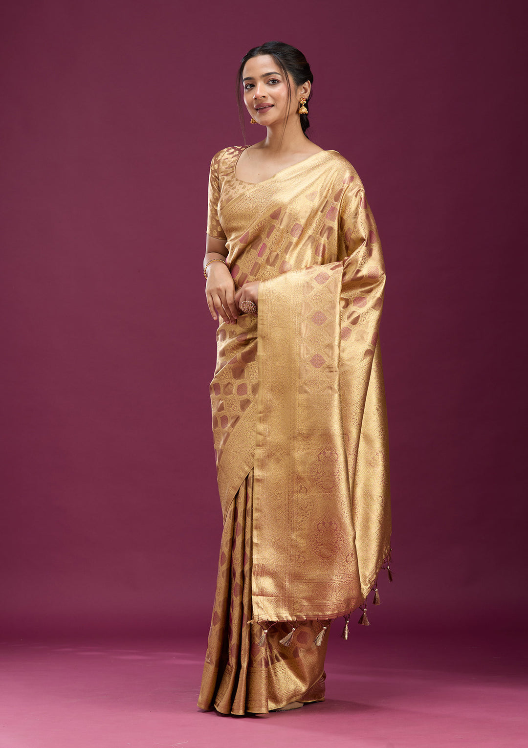 Beige Silk Jaal Gold Zariwork Saree With Matching Blouse Piece