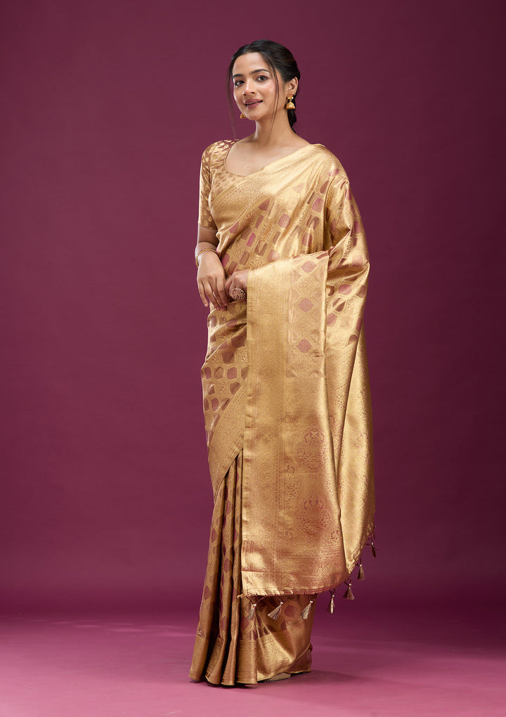 Beige Silk Jaal Gold Zariwork Saree With Matching Blouse Piece