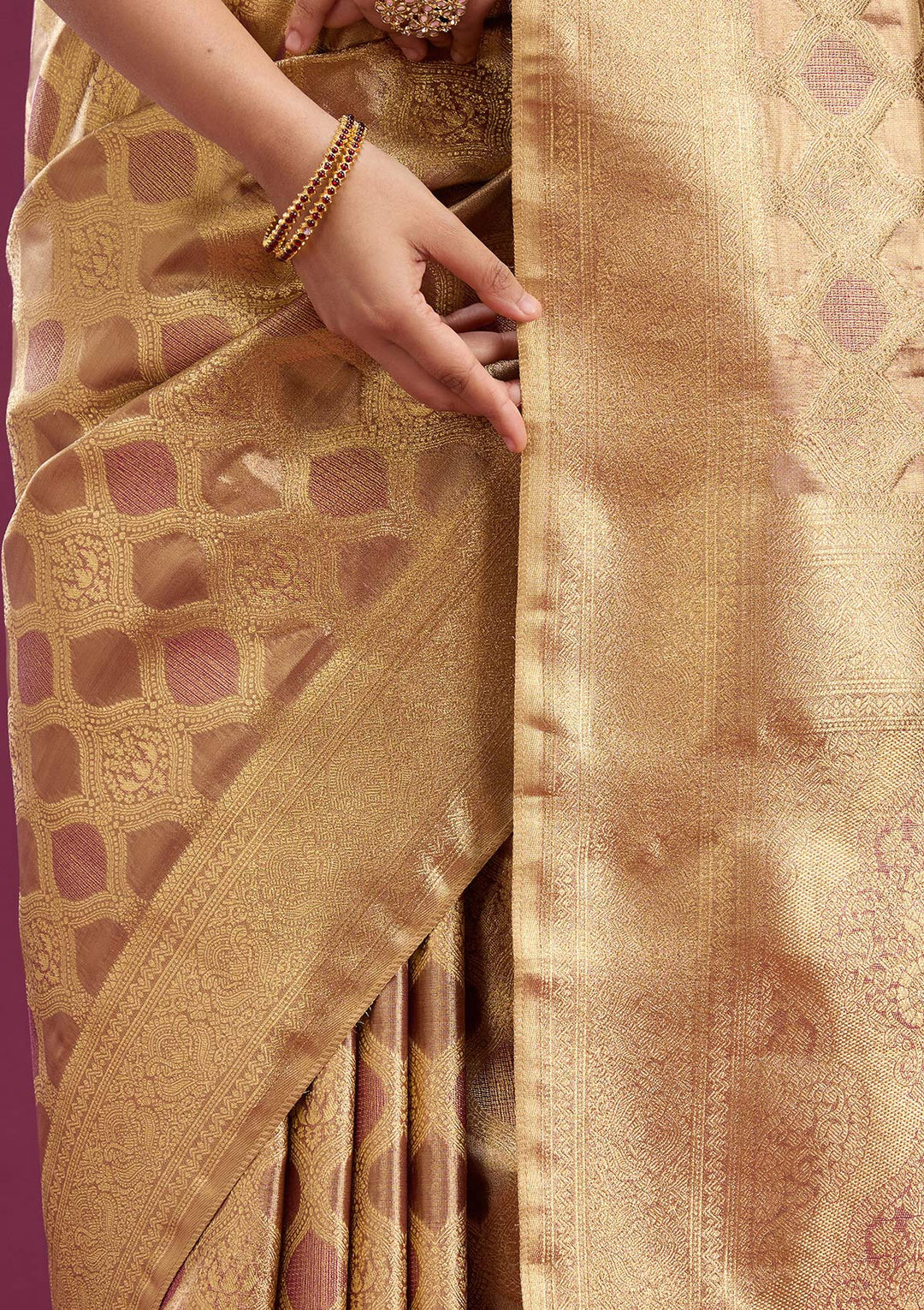 Beige Silk Jaal Gold Zariwork Saree With Matching Blouse Piece