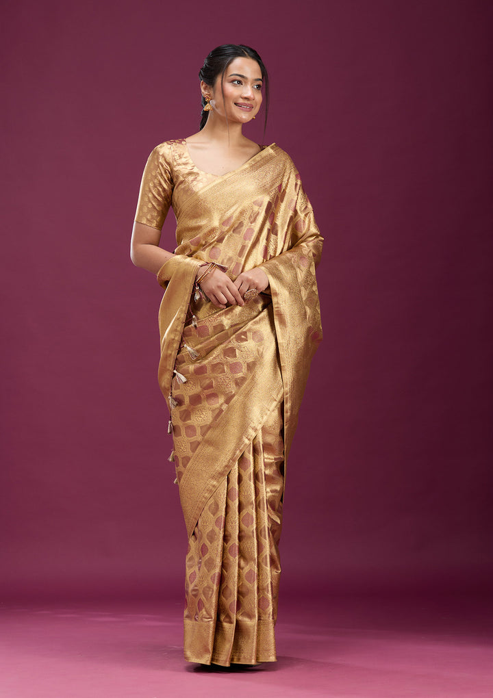 Beige Silk Jaal Gold Zariwork Saree With Matching Blouse Piece