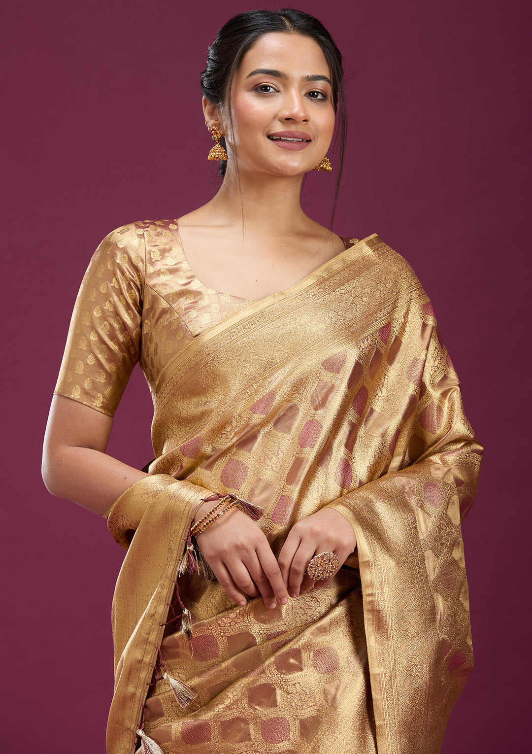 Beige Silk Jaal Gold Zariwork Saree With Matching Blouse Piece