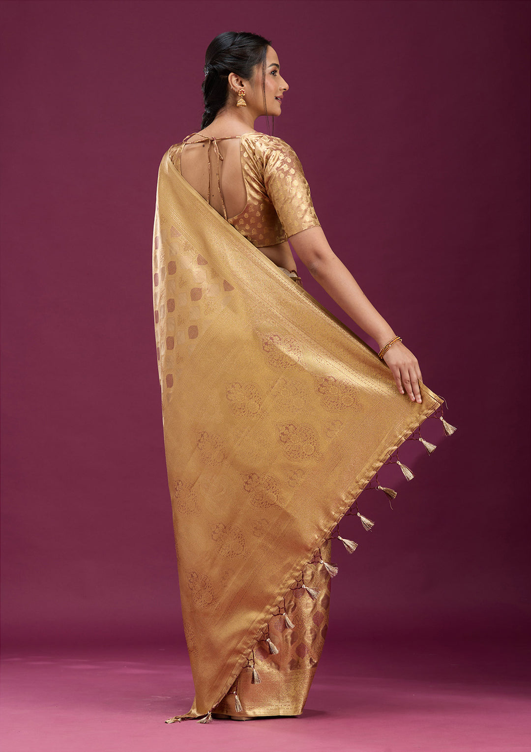 Beige Silk Jaal Gold Zariwork Saree With Matching Blouse Piece