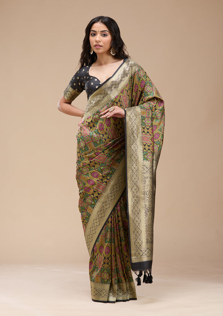 Black Silk Jaal Printed Saree With Matching Blouse Piece