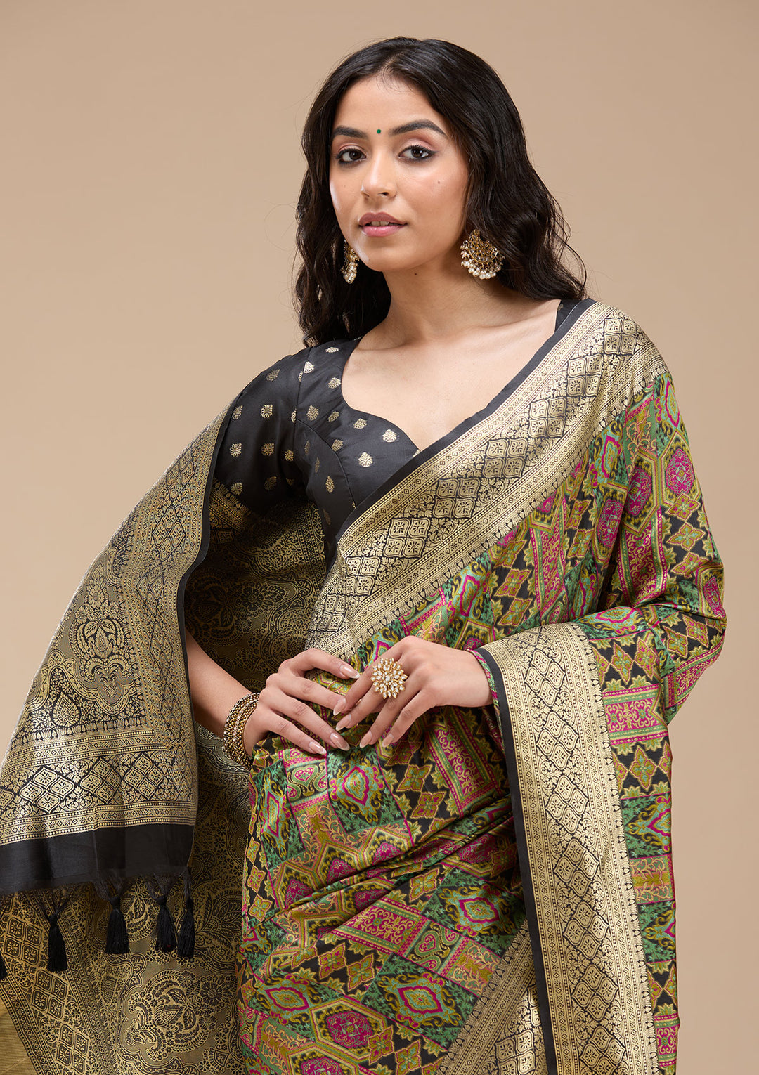 Black Silk Jaal Printed Saree With Matching Blouse Piece