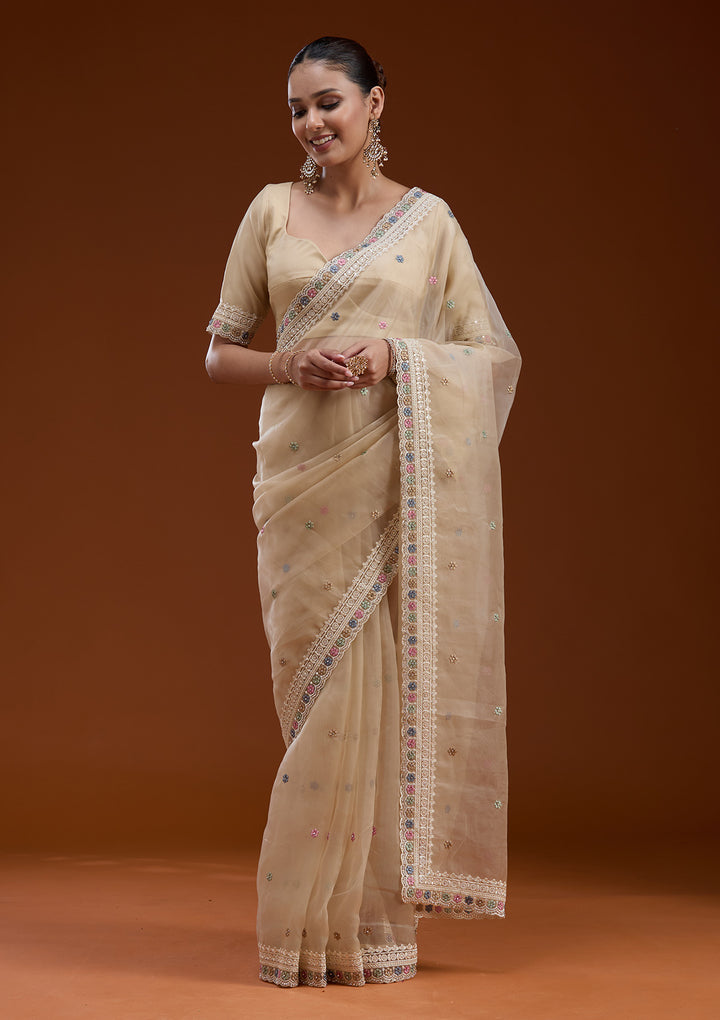 Beige Tissue Threadwork Saree With Matching Blouse Piece