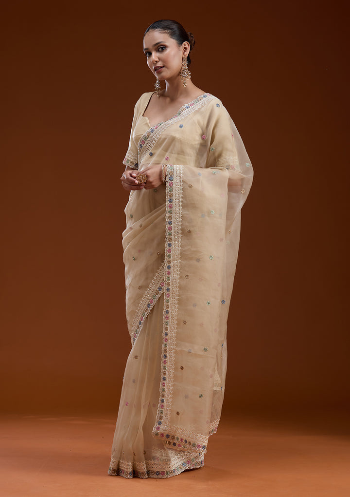 Beige Tissue Threadwork Saree With Matching Blouse Piece