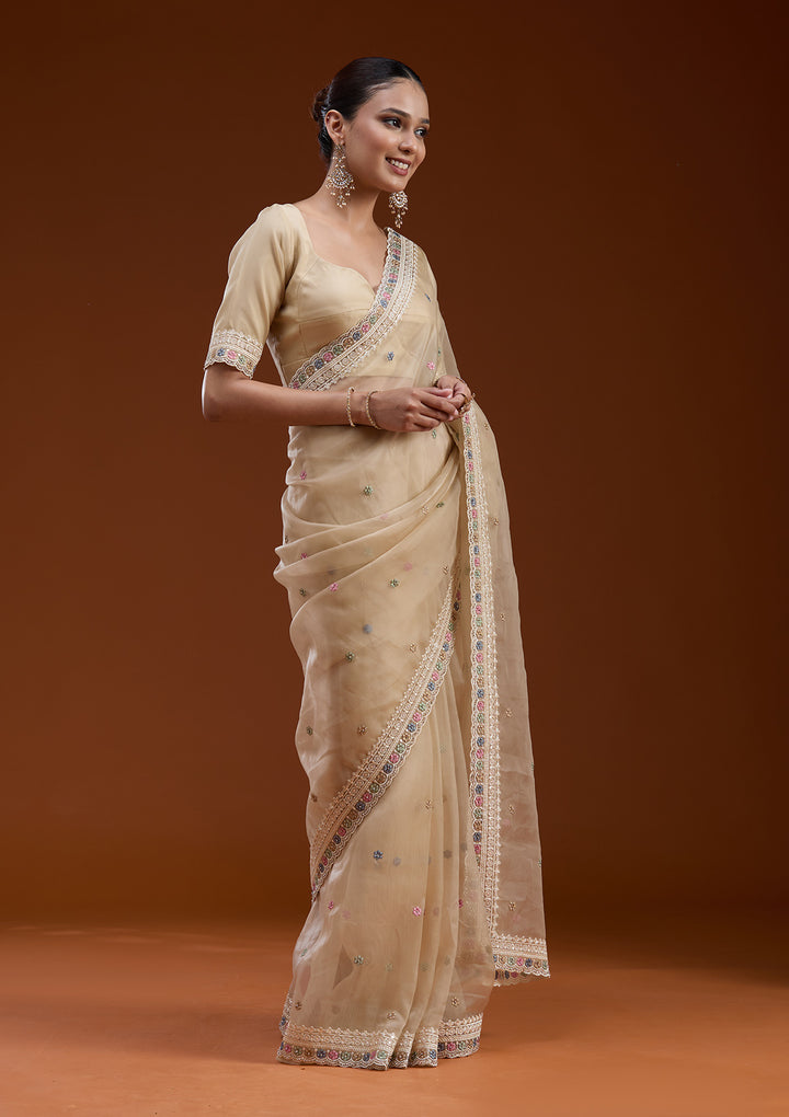 Beige Tissue Threadwork Saree With Matching Blouse Piece