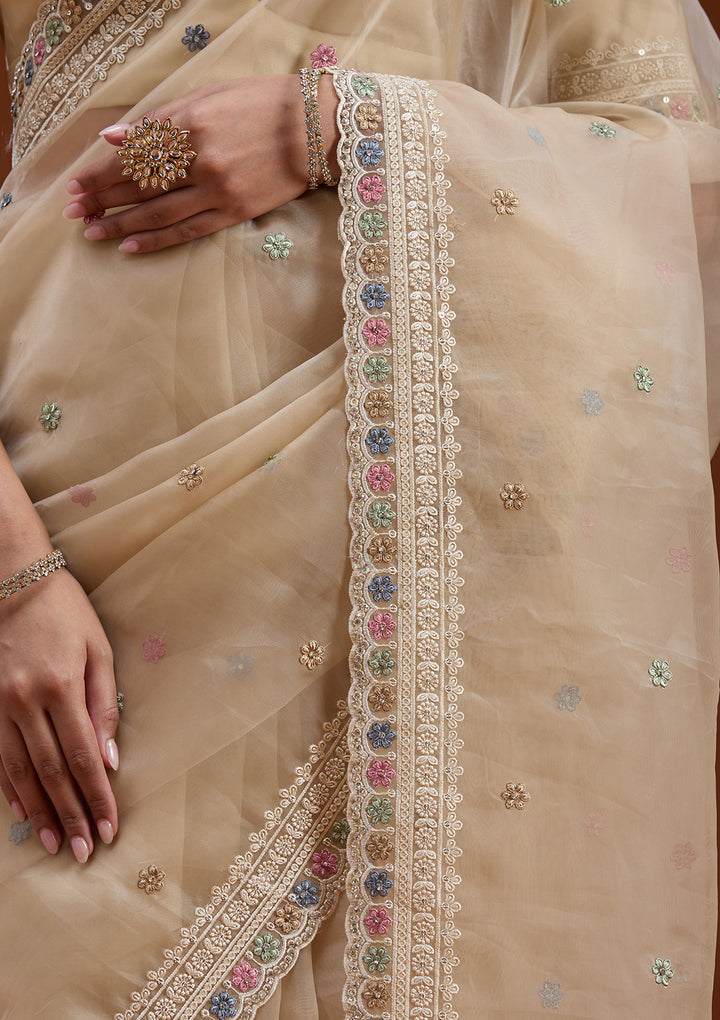 Beige Tissue Threadwork Saree With Matching Blouse Piece