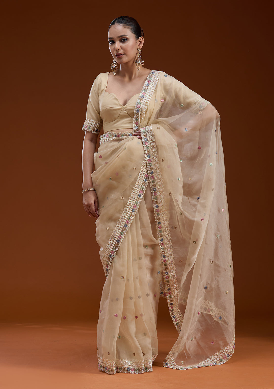 Beige Tissue Threadwork Saree With Matching Blouse Piece