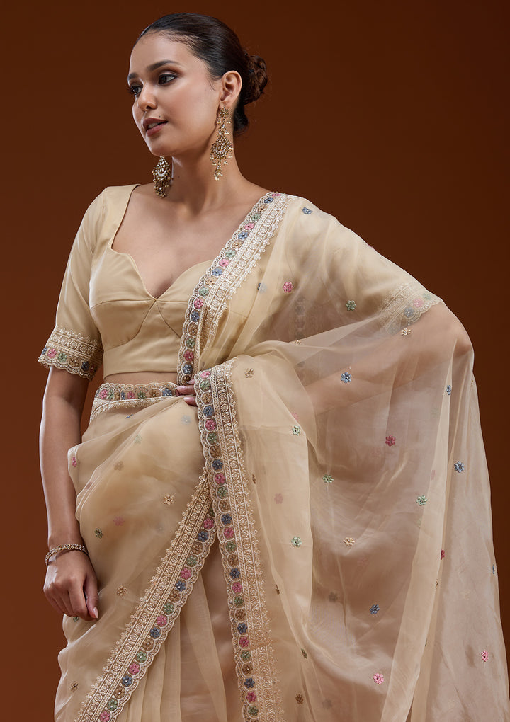 Beige Tissue Threadwork Saree With Matching Blouse Piece