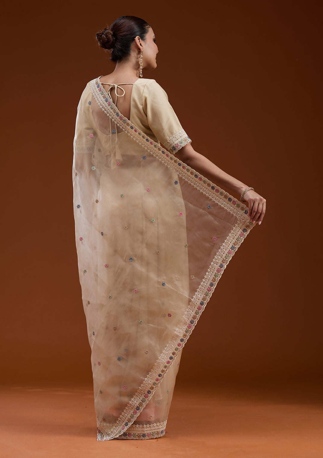 Beige Tissue Threadwork Saree With Matching Blouse Piece