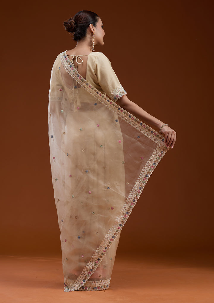 Beige Tissue Threadwork Saree With Matching Blouse Piece