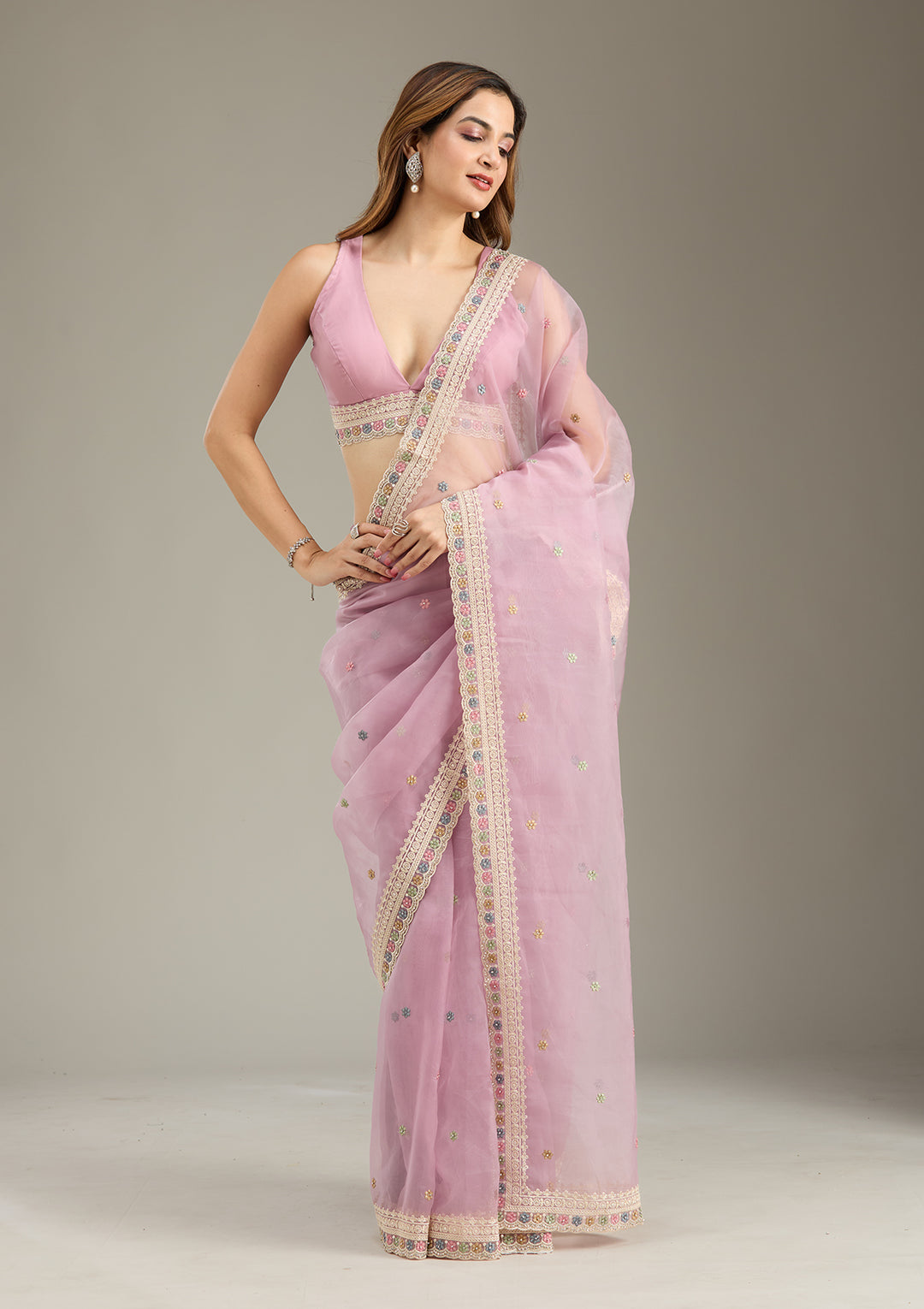 Lavender Threadwork Tissue Saree