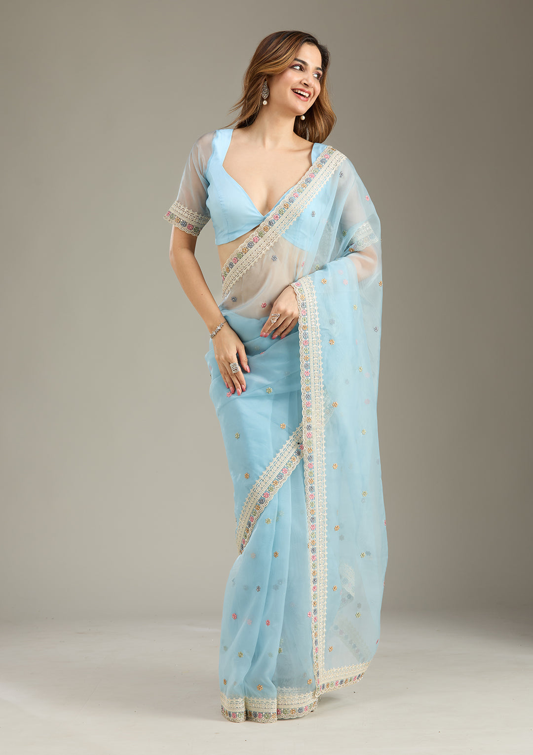 Sky Blue Threadwork Tissue Saree