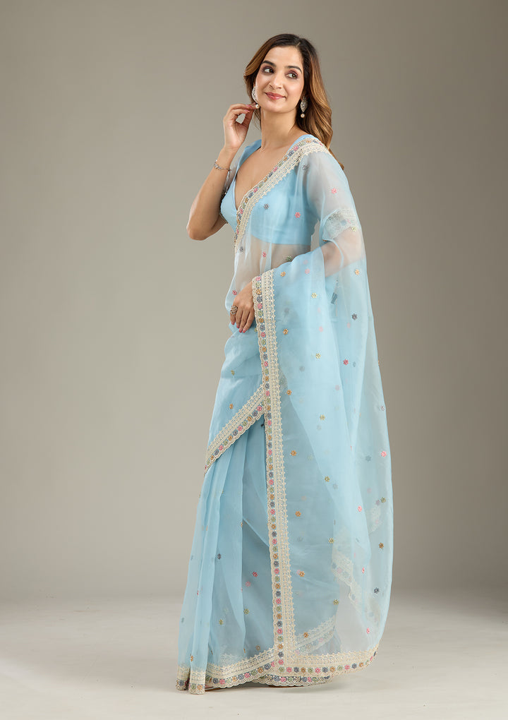 Sky Blue Threadwork Tissue Saree
