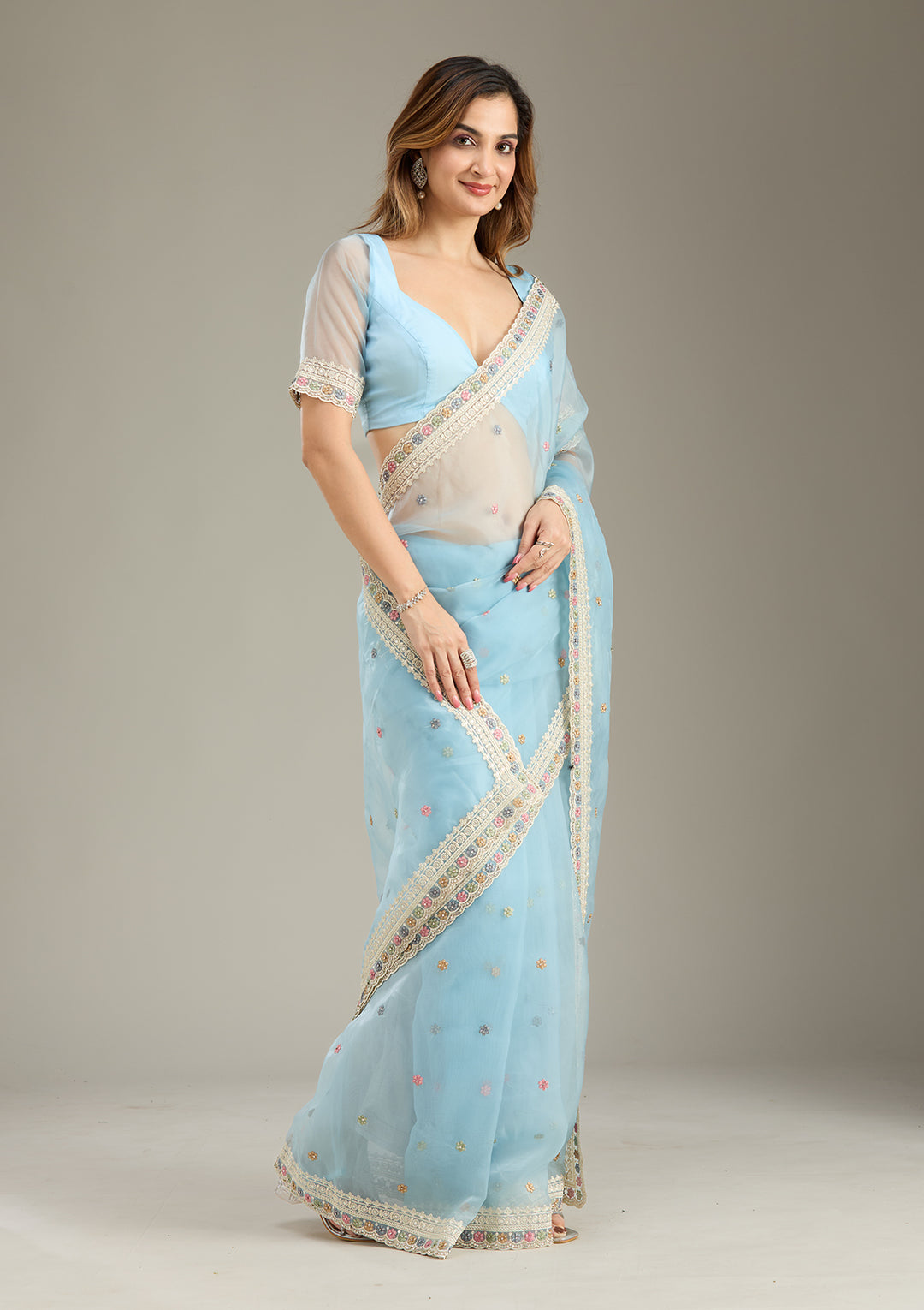 Sky Blue Threadwork Tissue Saree