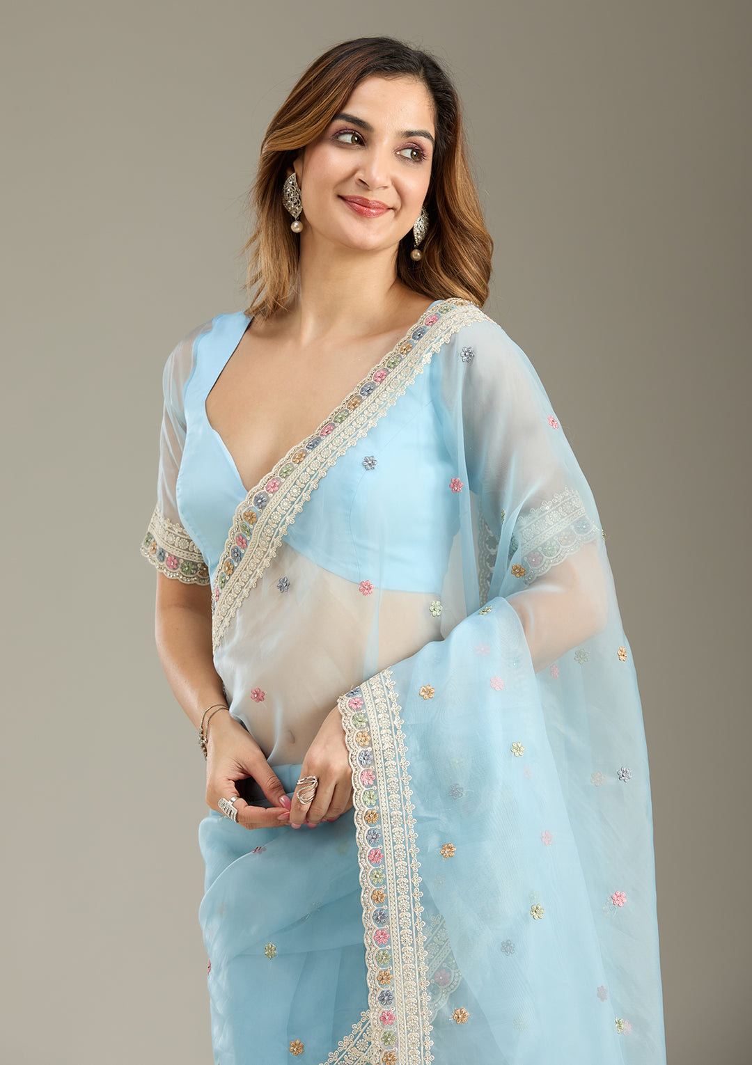 Sky Blue Threadwork Tissue Saree