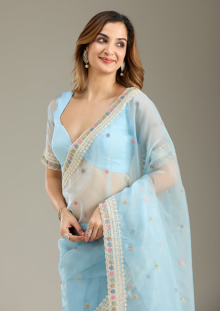 Sky Blue Threadwork Tissue Saree