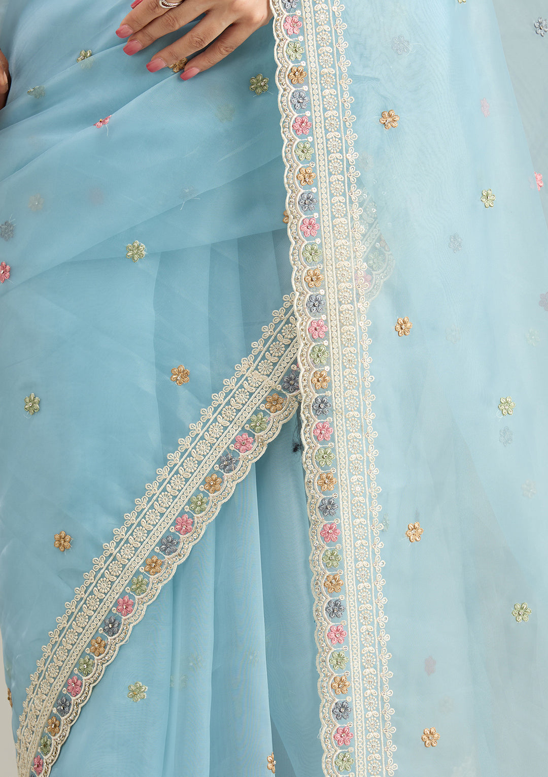 Sky Blue Threadwork Tissue Saree