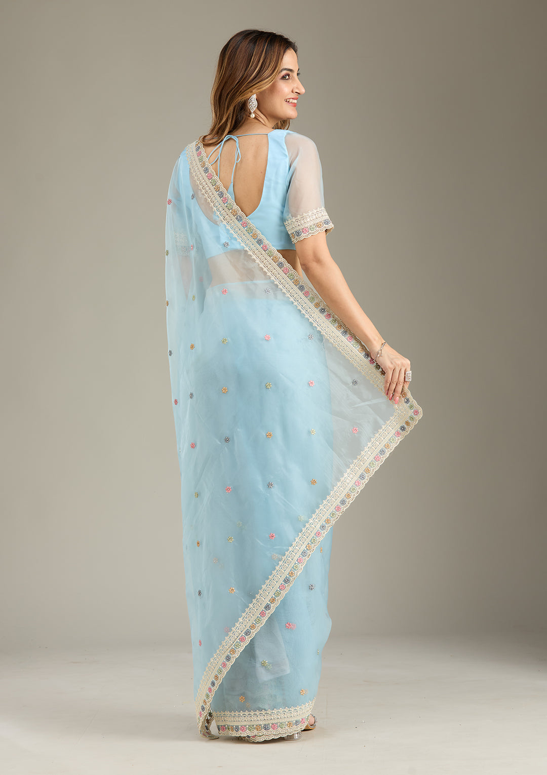 Sky Blue Threadwork Tissue Saree