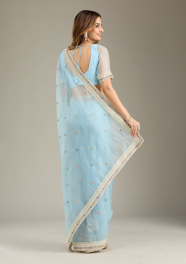 Sky Blue Threadwork Tissue Saree