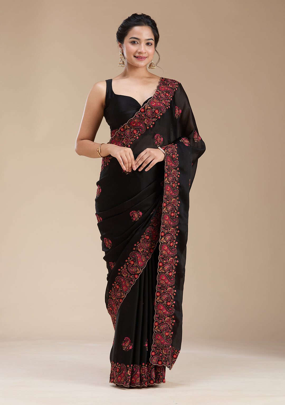 Black Chiffon Kashmiri Saree With Matching Blouse Piece