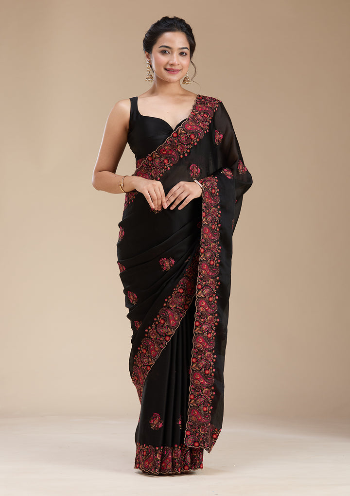 Black Chiffon Kashmiri Saree With Matching Blouse Piece