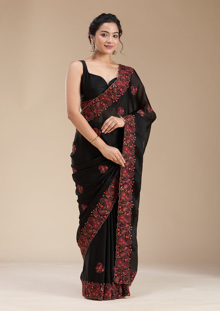 Black Chiffon Kashmiri Saree With Matching Blouse Piece
