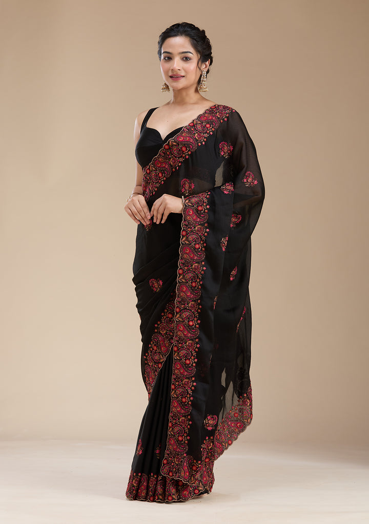 Black Chiffon Kashmiri Saree With Matching Blouse Piece
