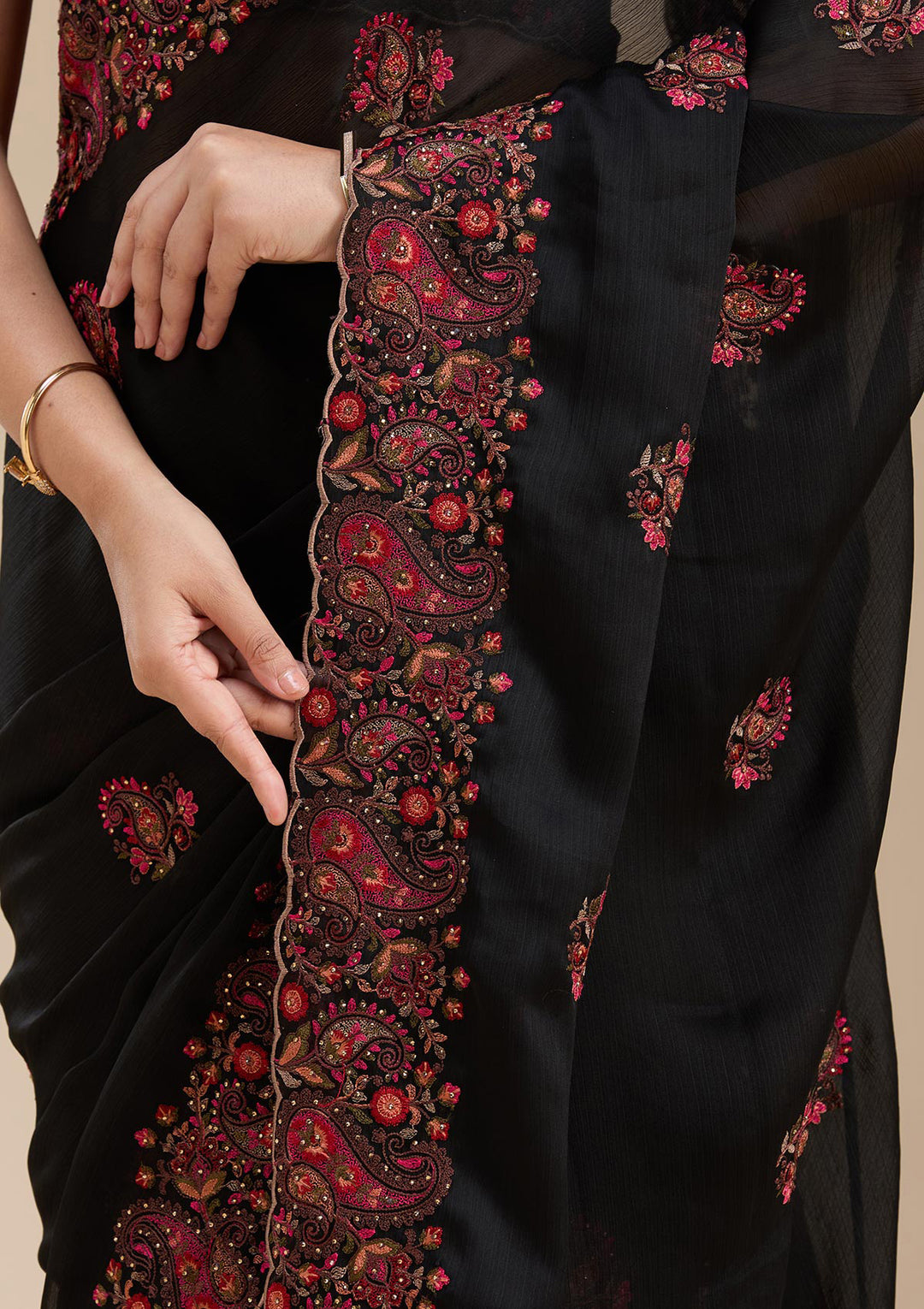 Black Chiffon Kashmiri Saree With Matching Blouse Piece