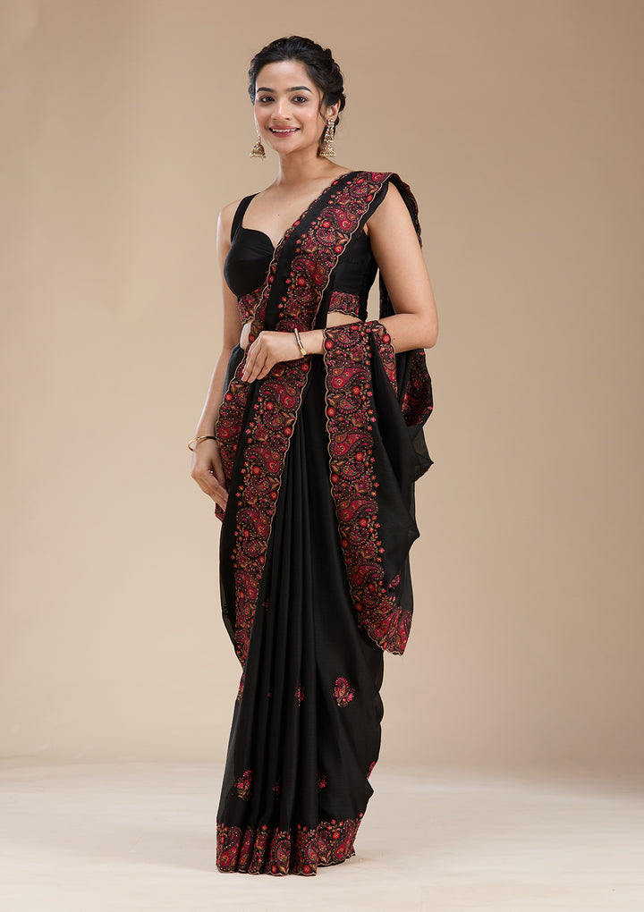 Black Chiffon Kashmiri Saree With Matching Blouse Piece